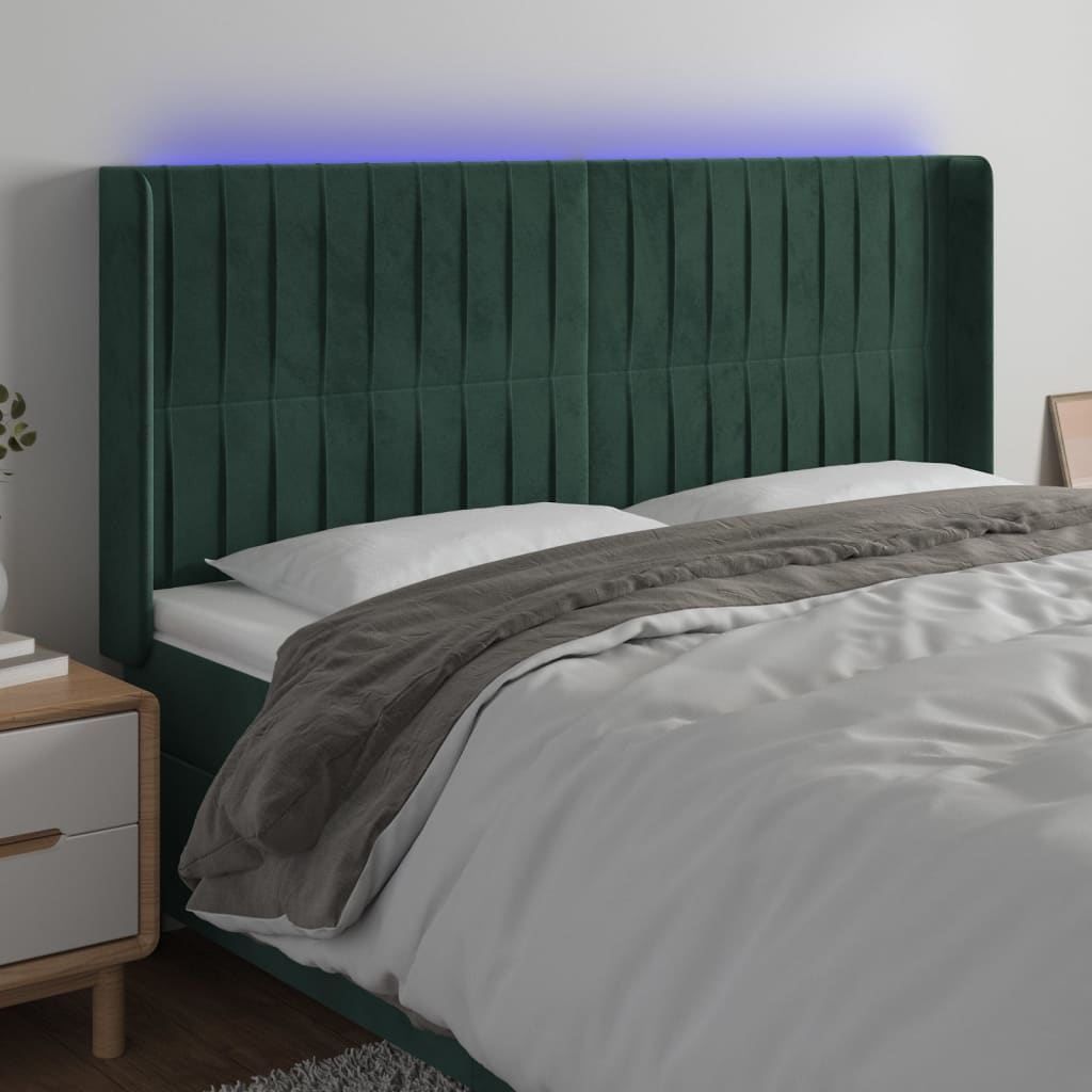 vidaXL Cabeceira de cama c/ LED veludo 203x16x118/128 cm verde-escuro