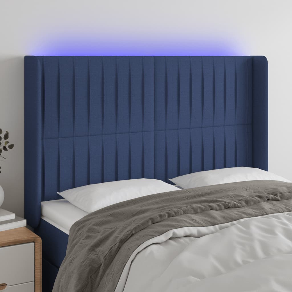 vidaXL Cabeceira de cama c/ luzes LED tecido 147x16x118/128 cm azul