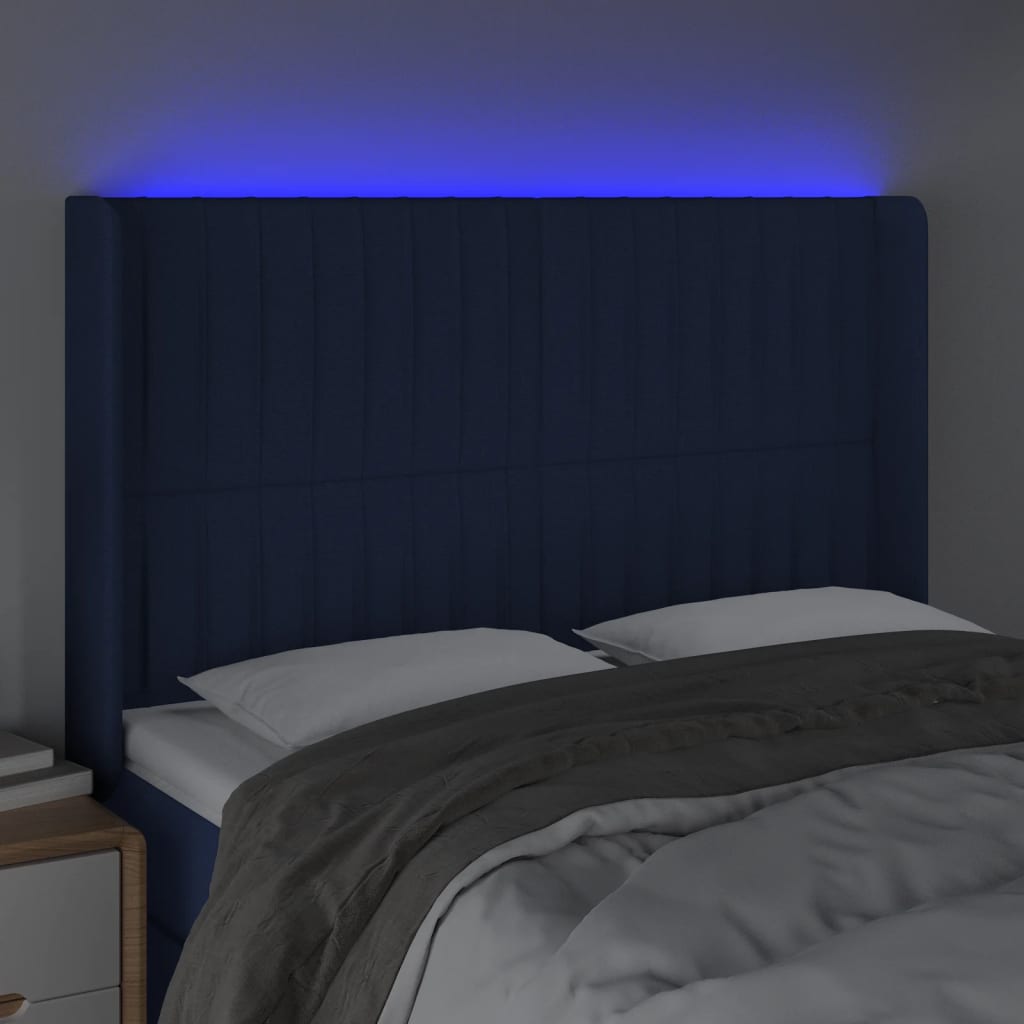 vidaXL Cabeceira de cama c/ luzes LED tecido 147x16x118/128 cm azul