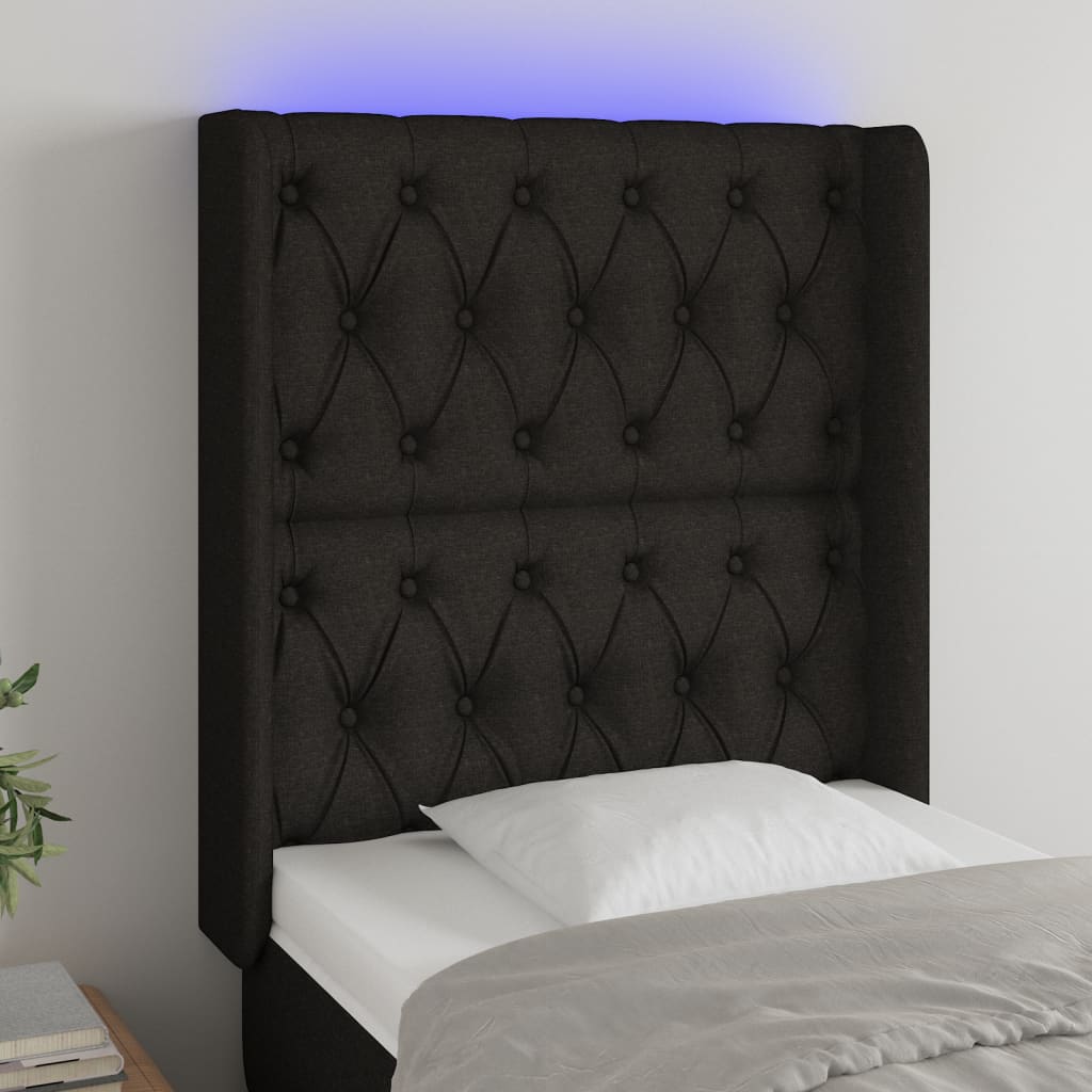 vidaXL Cabeceira de cama c/ luzes LED tecido 83x16x118/128 cm preto