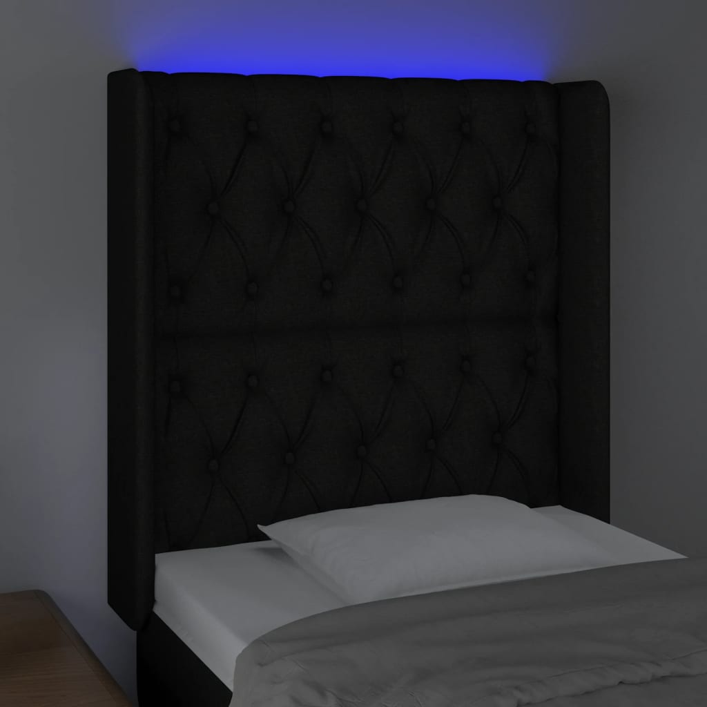 vidaXL Cabeceira de cama c/ luzes LED tecido 83x16x118/128 cm preto