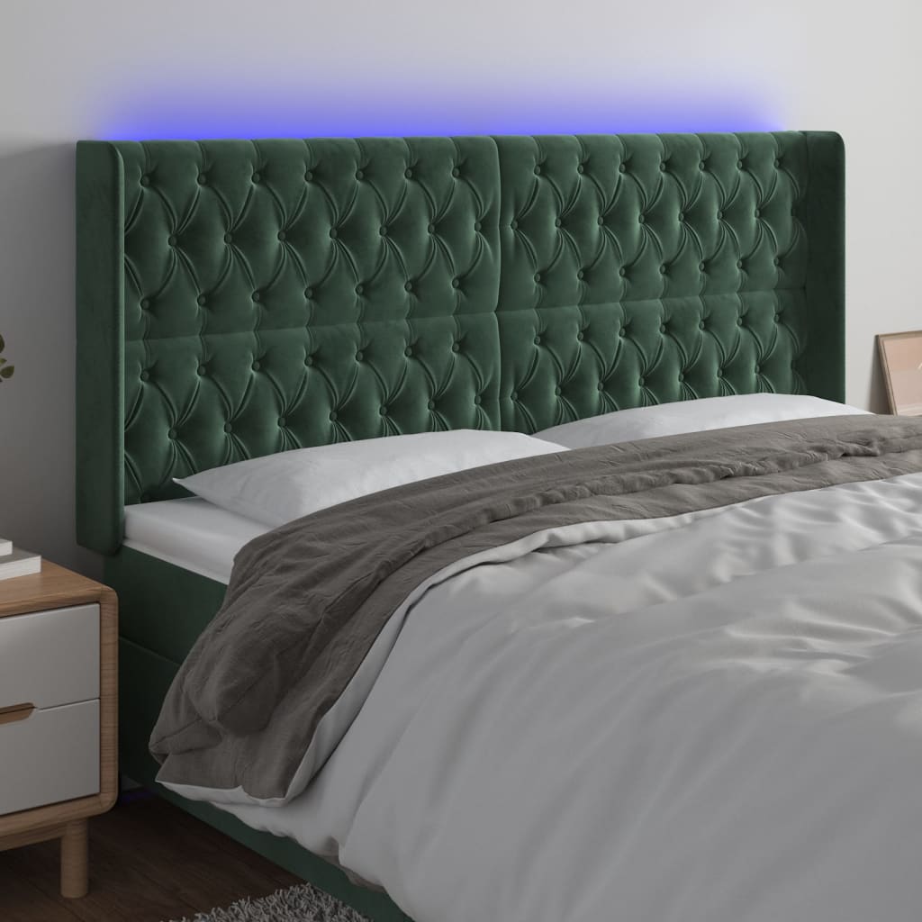 vidaXL Cabeceira de cama c/ LED veludo 183x16x118/128 cm verde-escuro