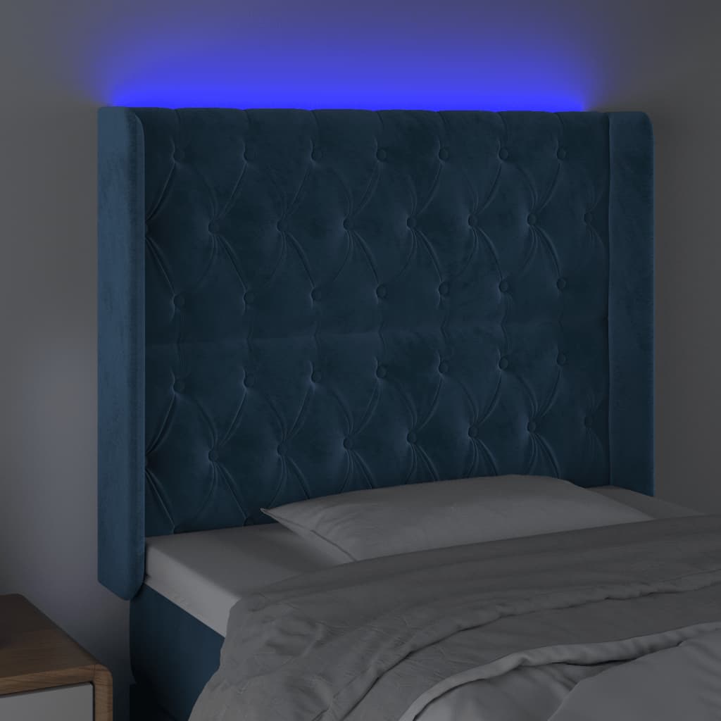 vidaXL Cabeceira cama c/ luzes LED veludo 93x16x118/128 cm azul-escuro