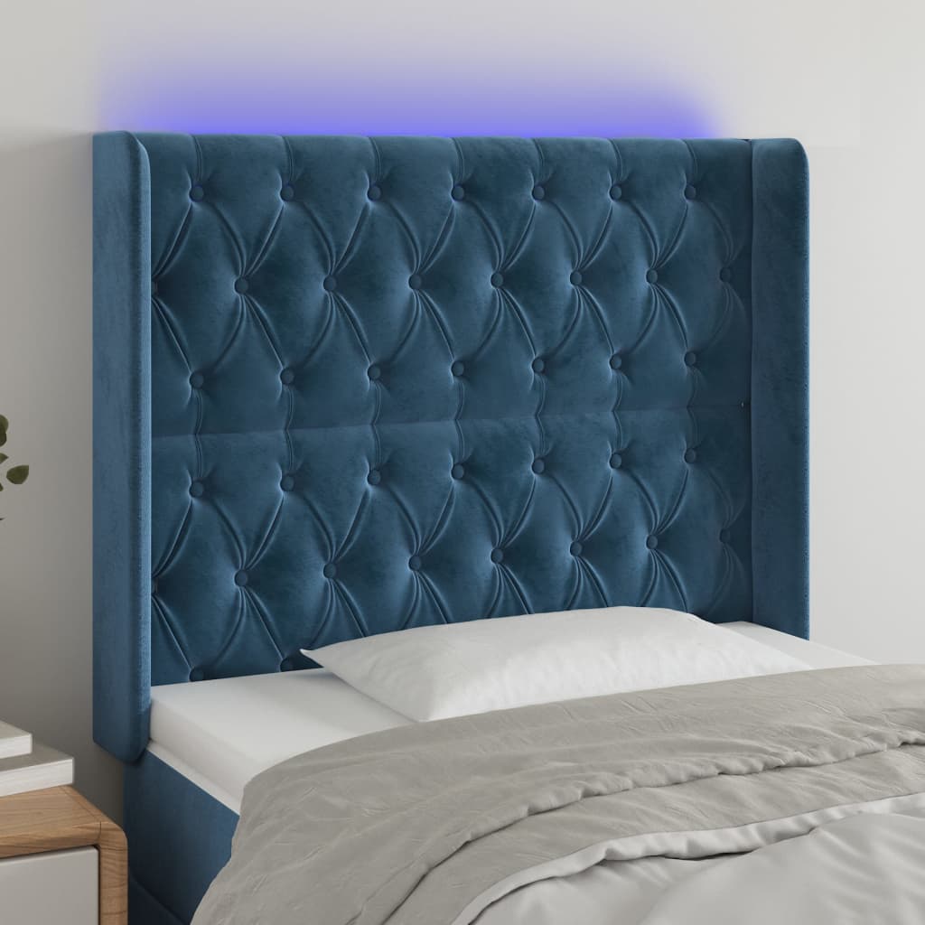 vidaXL Cabeceira cama c/ luzes LED veludo 103x16x118/128cm azul-escuro