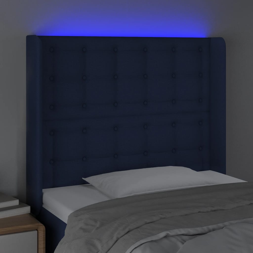 vidaXL Cabeceira de cama c/ luzes LED tecido 93x16x118/128 cm azul