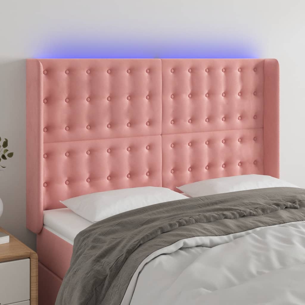 vidaXL Cabeceira de cama c/ luzes LED veludo 147x16x118/128 cm rosa