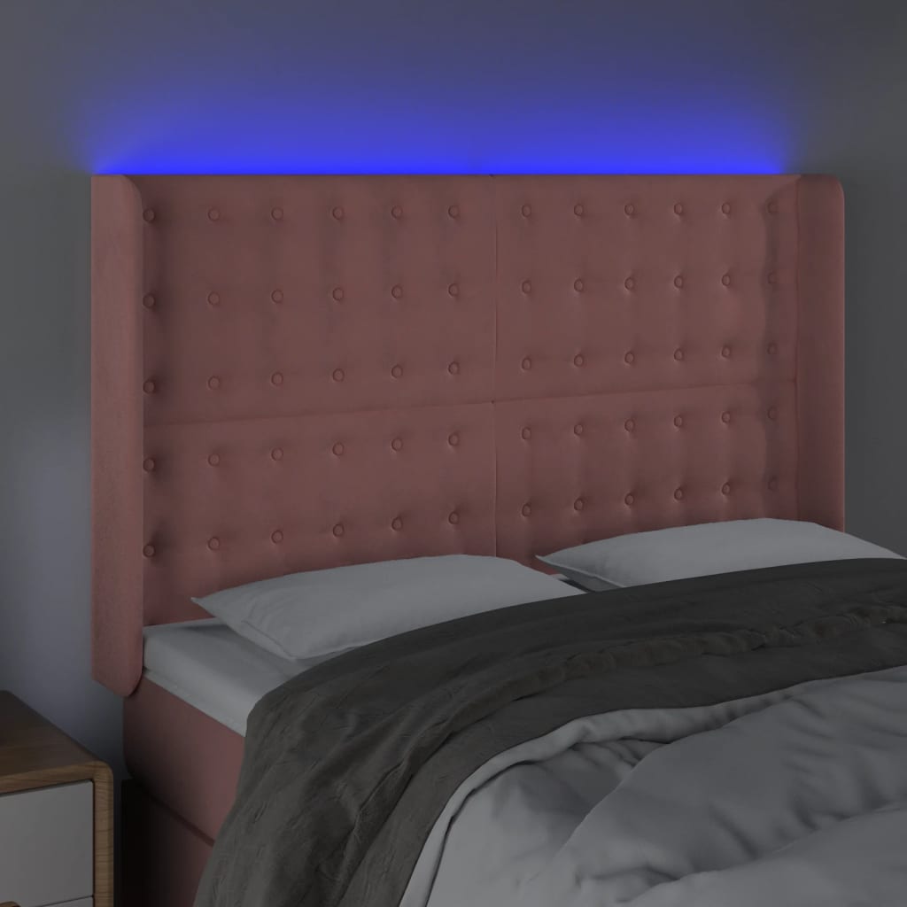 vidaXL Cabeceira de cama c/ luzes LED veludo 147x16x118/128 cm rosa