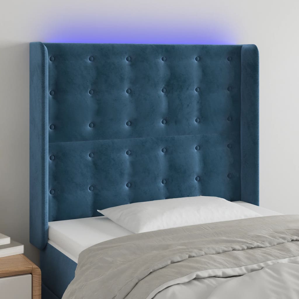 vidaXL Cabeceira cama c/ luzes LED veludo 83x16x118/128 cm azul-escuro