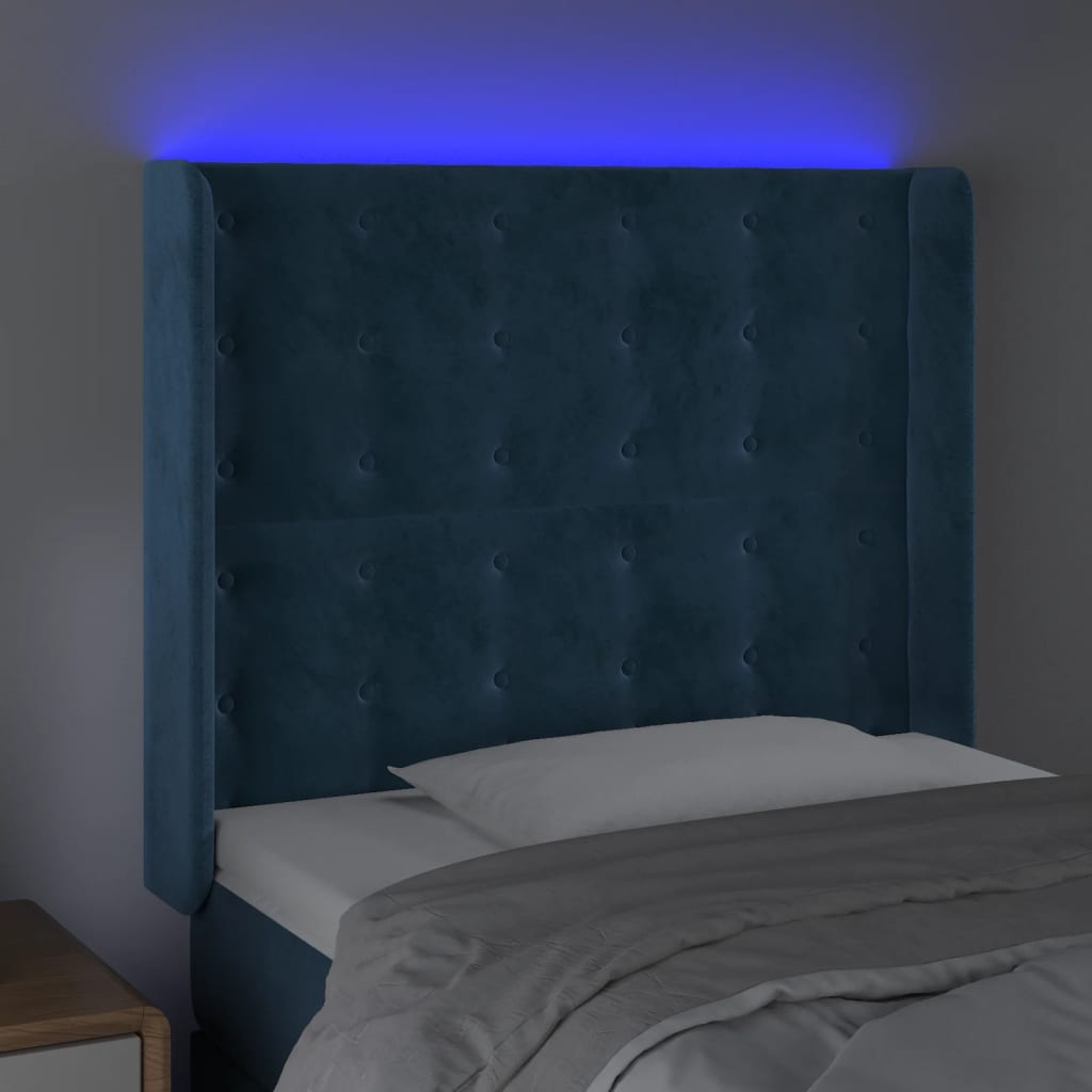 vidaXL Cabeceira cama c/ luzes LED veludo 83x16x118/128 cm azul-escuro