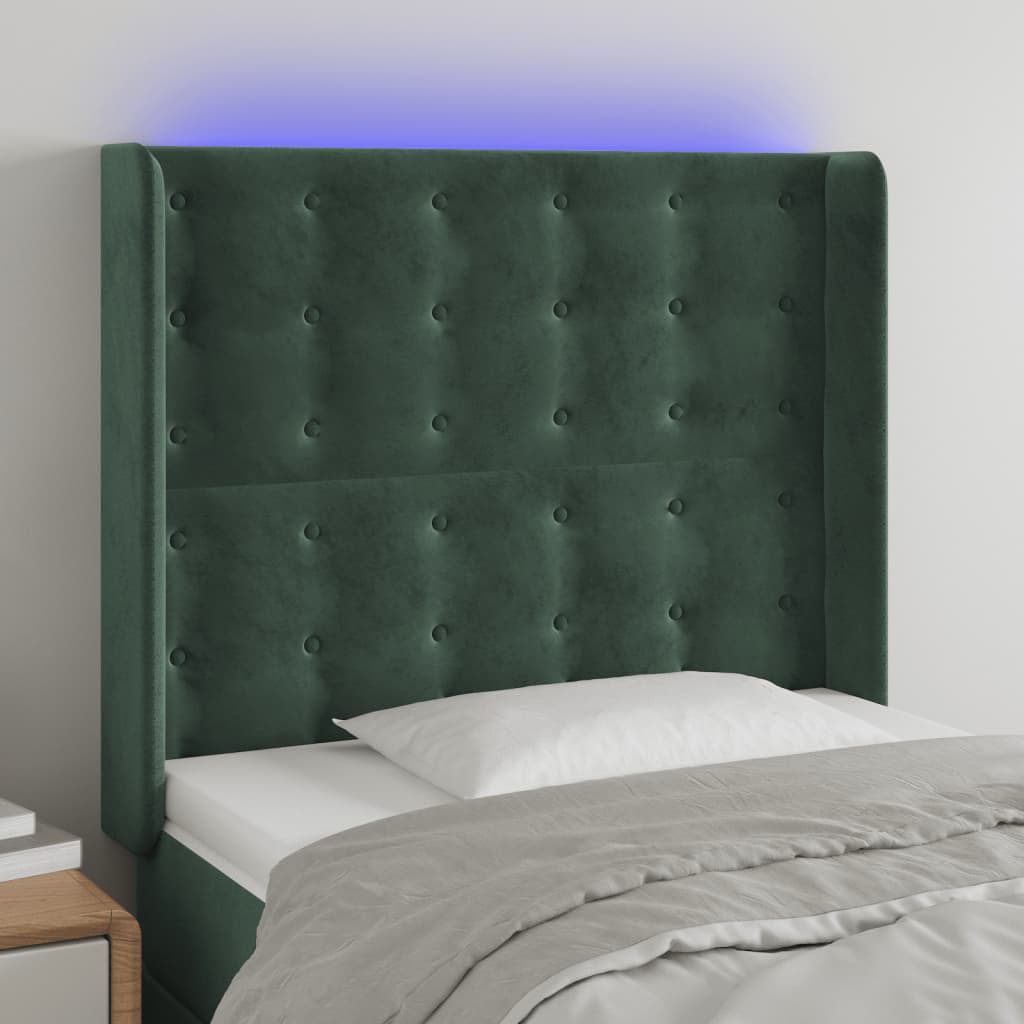 vidaXL Cabeceira cama c/ luzes LED veludo 93x16x118/128cm verde-escuro