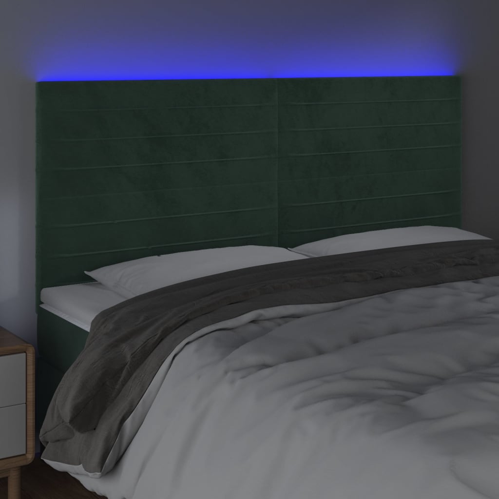 vidaXL Cabeceira de cama c/ LED veludo 180x5x118/128 cm verde-escuro