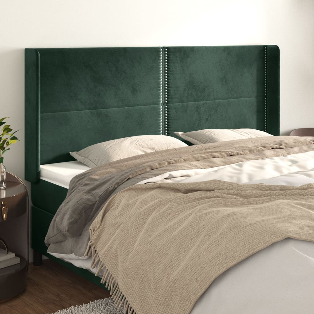 vidaXL Cabeceira cama c/ abas veludo 163x16x118/128 cm verde-escuro