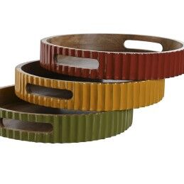 Home ESPRIT|Tabuleiro Home ESPRIT Amarelo Verde Coral Madeira de mangueira 30 x 30 x 5 cm (3 Unidades)