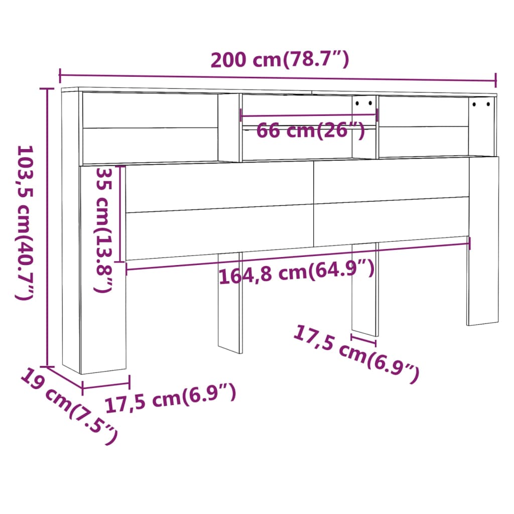 vidaXL Armário de cabeceira 200x19x103,5 cm branco brilhante