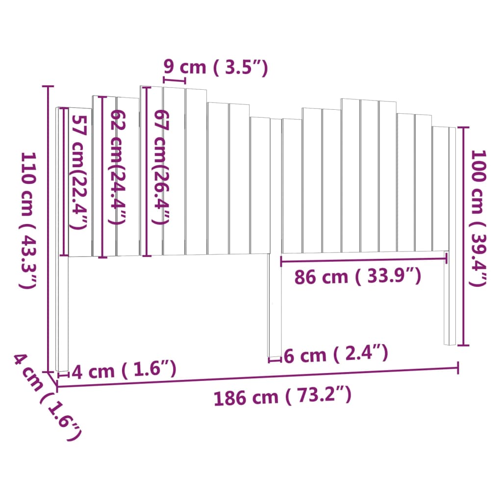 vidaXL Cabeceira de cama 186x4x110 cm pinho maciço preto