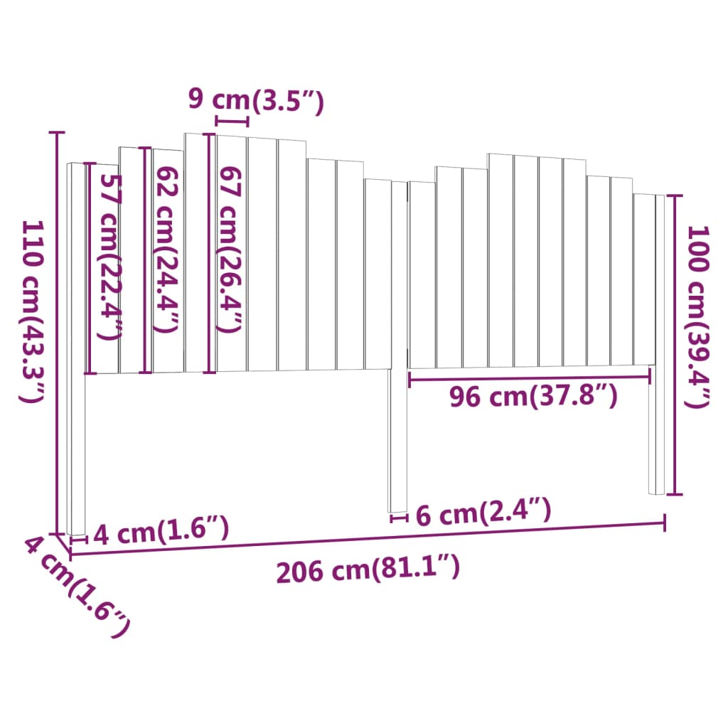 vidaXL Cabeceira de cama 206x4x110 cm pinho maciço preto