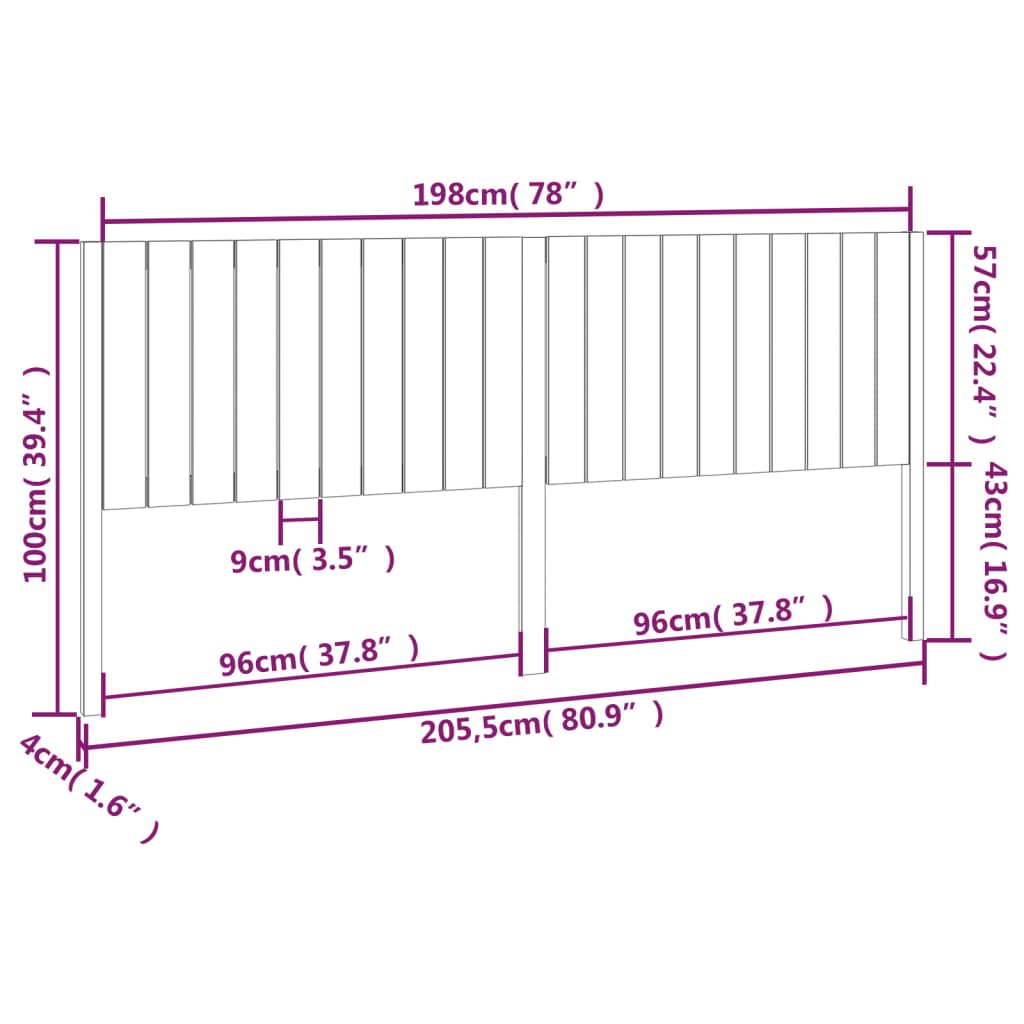 vidaXL Cabeceira de cama 205,5x4x100 cm pinho maciço preto