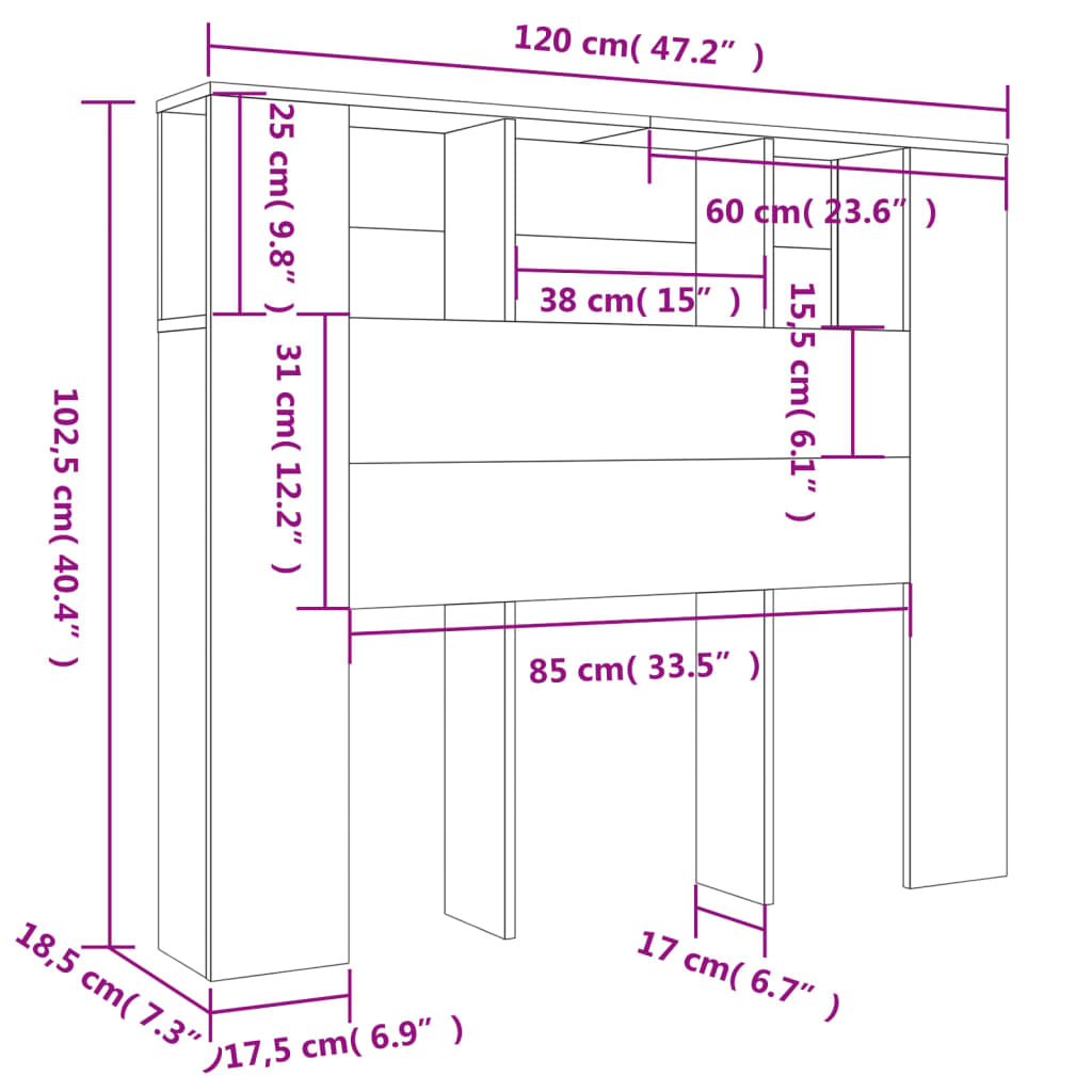 vidaXL Armário de cabeceira 120x18,5x102,5 cm sonoma cinzento