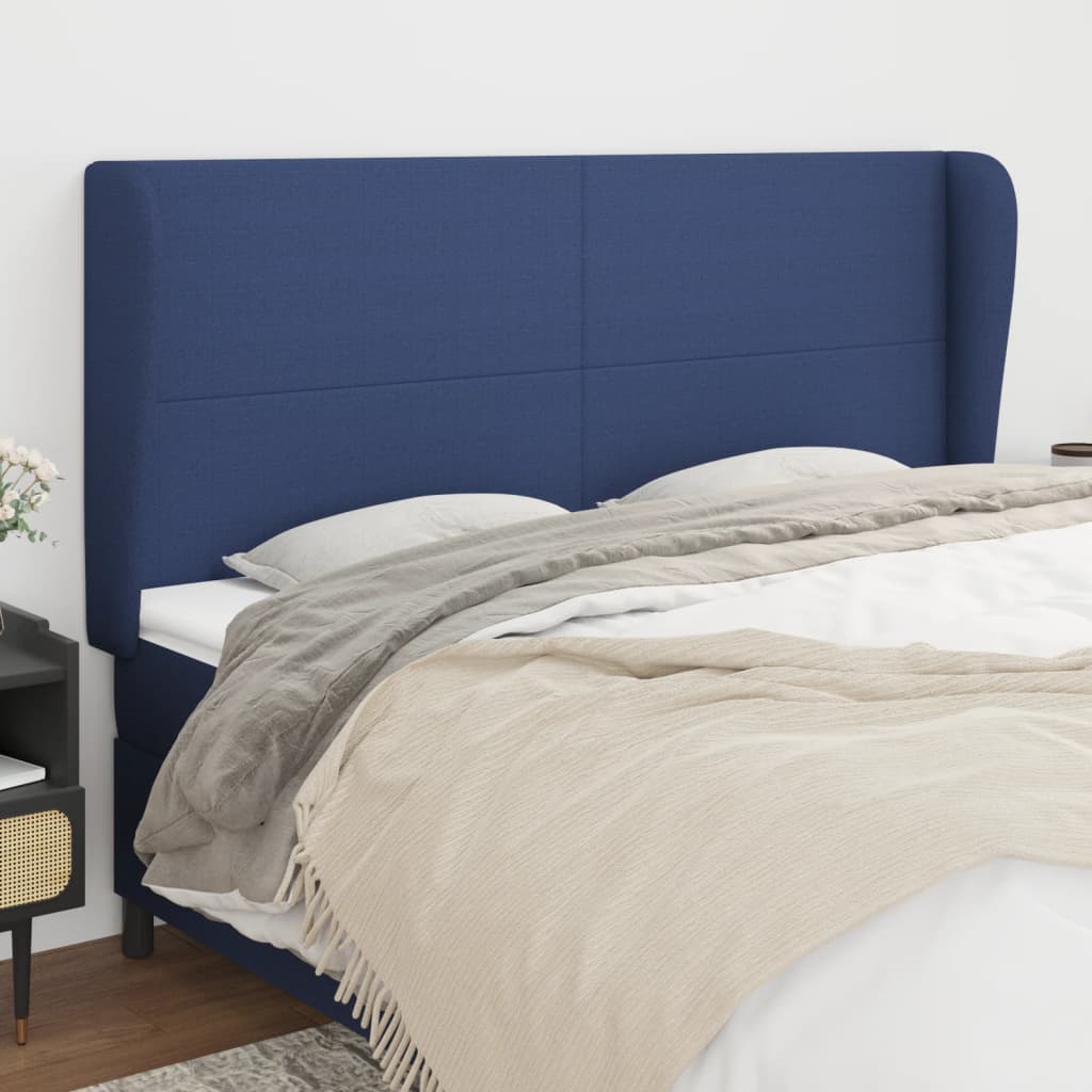 vidaXL Cabeceira de cama c/ abas tecido 163x23x118/128 cm azul