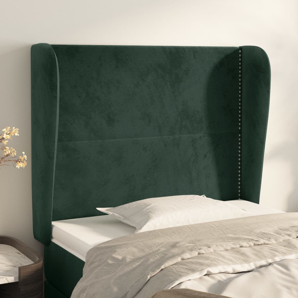 vidaXL Cabeceira de cama c/ abas veludo 83x23x118/128 cm verde-escuro