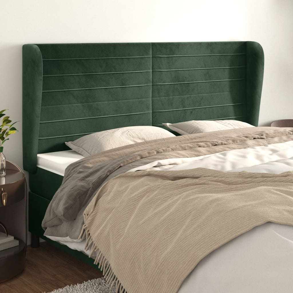 vidaXL Cabeceira cama c/ abas veludo 203x23x118/128 cm verde-escuro