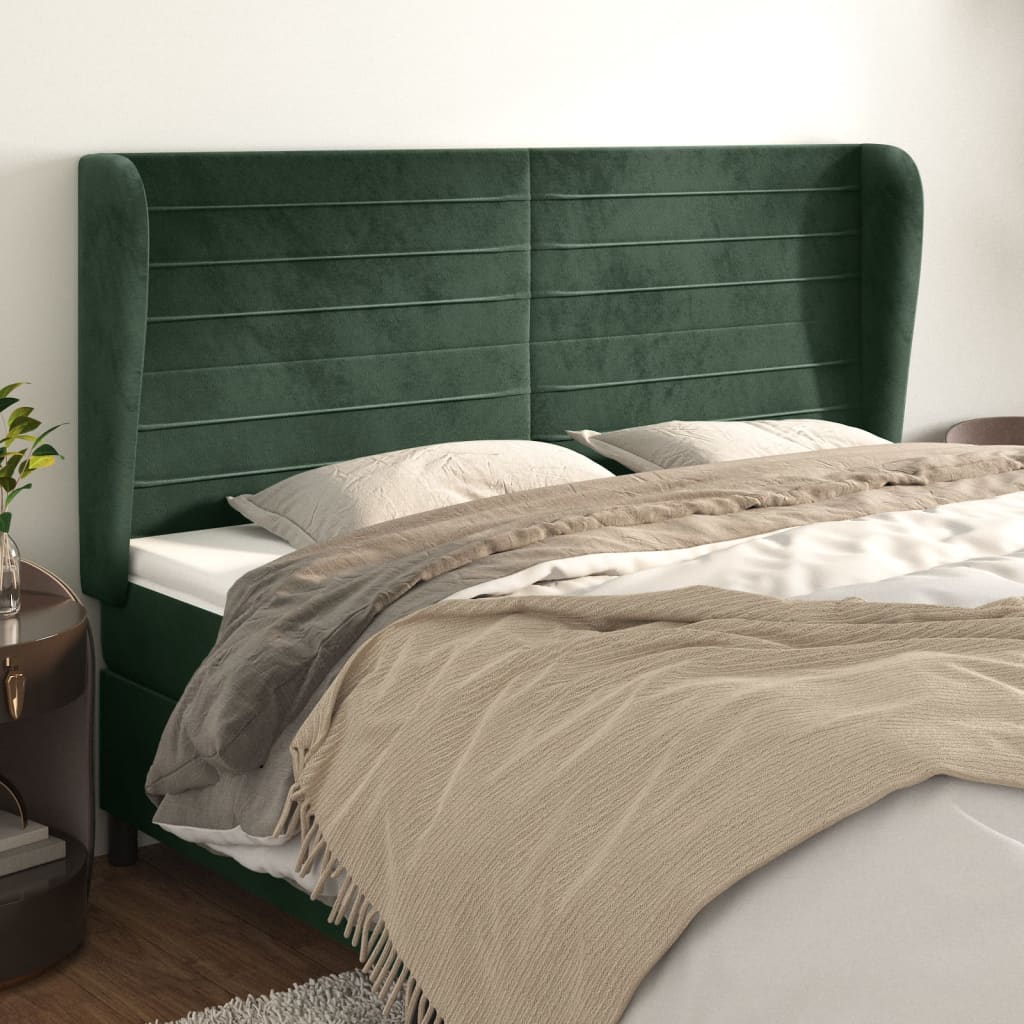 vidaXL Cabeceira cama c/ abas veludo 183x23x118/128 cm verde-escuro