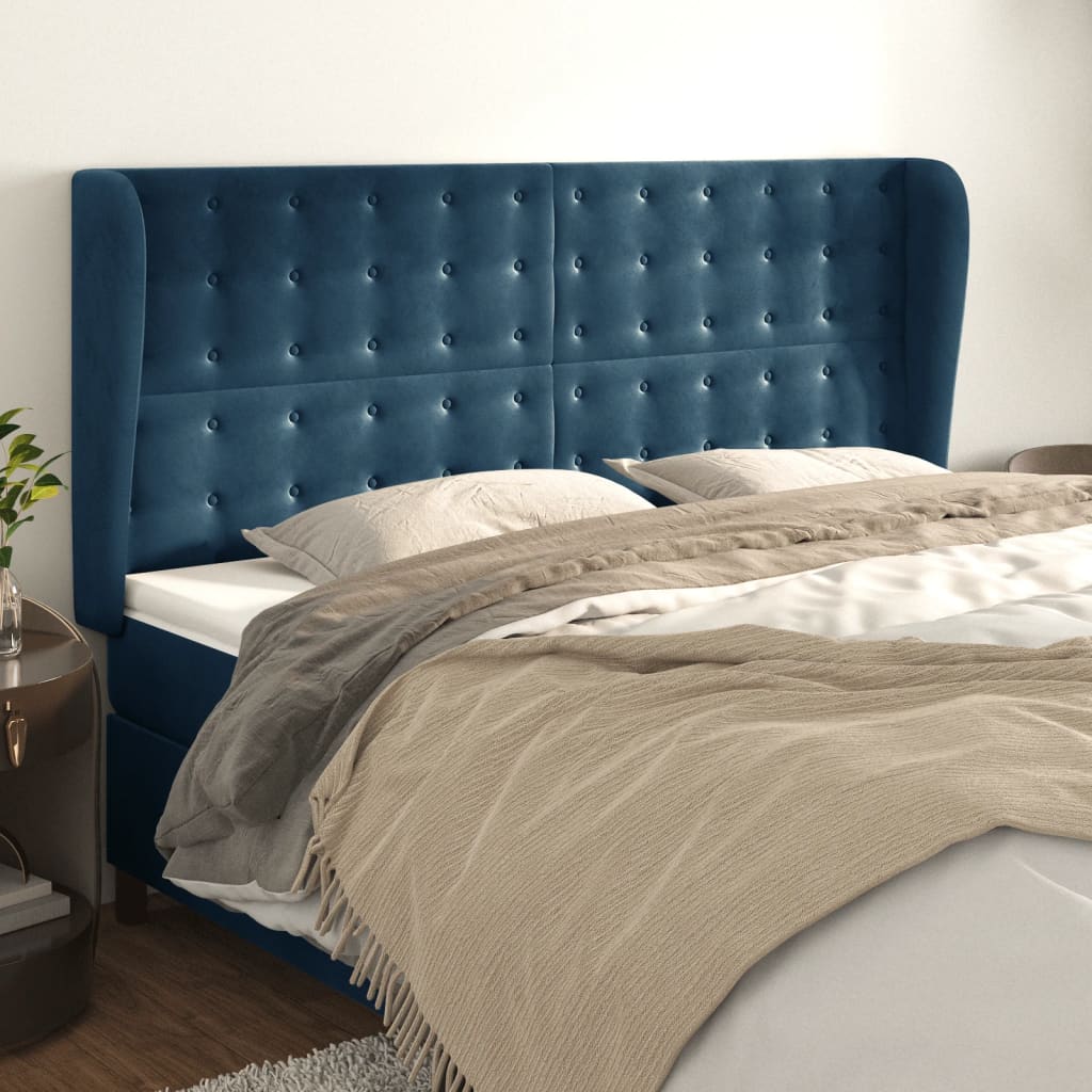 vidaXL Cabeceira cama c/ abas veludo 163x23x118/128 cm azul-escuro