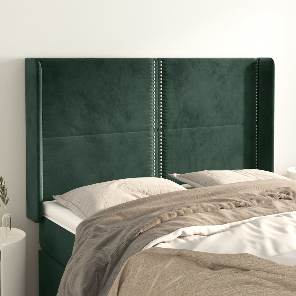 vidaXL Cabeceira cama c/ abas veludo 147x16x118/128 cm verde-escuro