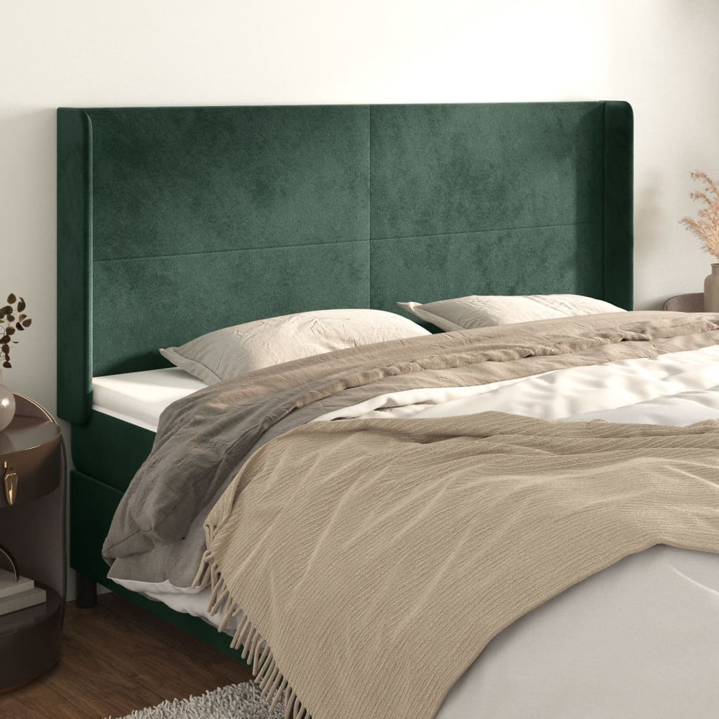 vidaXL Cabeceira cama c/ abas veludo 203x16x118/128 cm verde-escuro