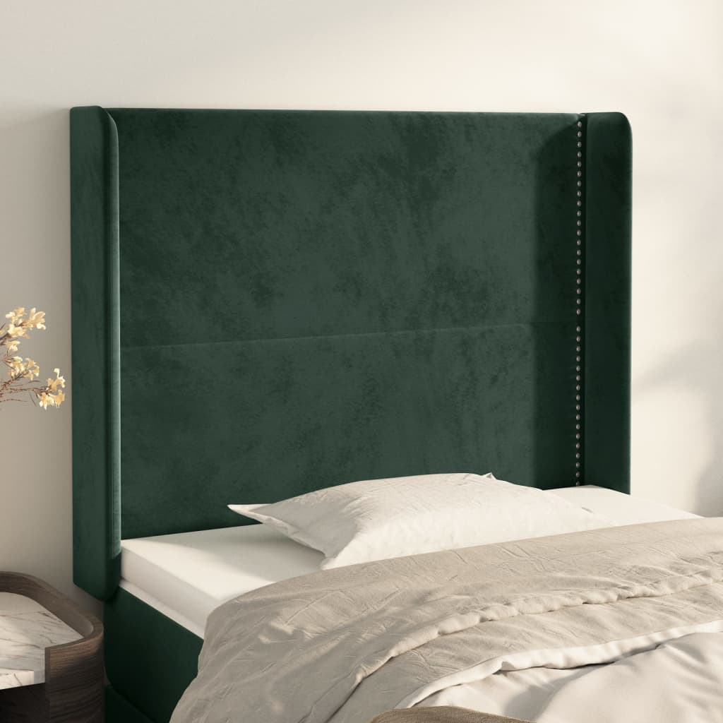 vidaXL Cabeceira cama c/ abas veludo 103x16x118/128 cm verde-escuro