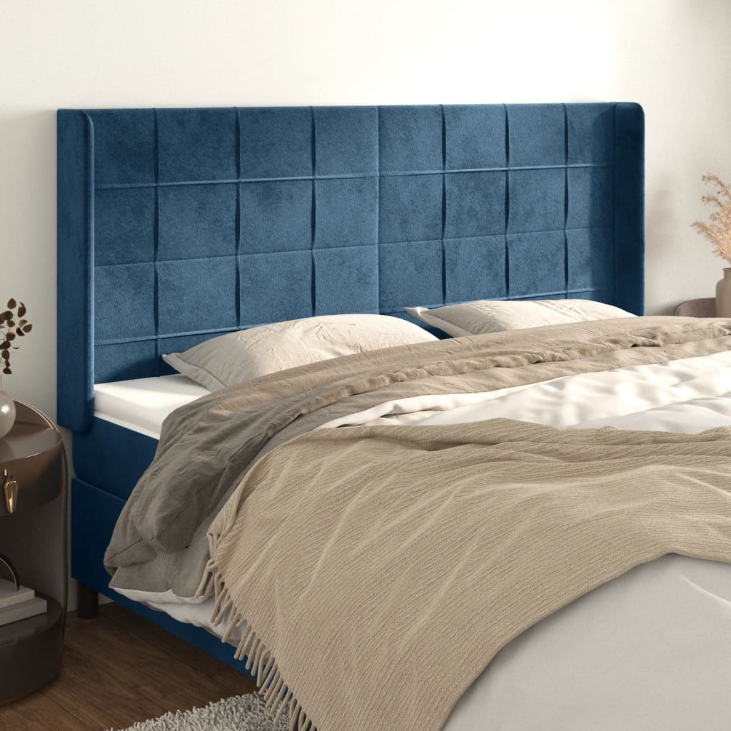 vidaXL Cabeceira cama c/ abas veludo 163x16x118/128 cm azul-escuro