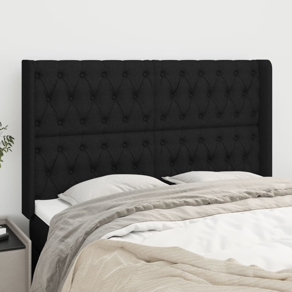 vidaXL Cabeceira de cama c/ abas tecido 147x16x118/128 cm preto