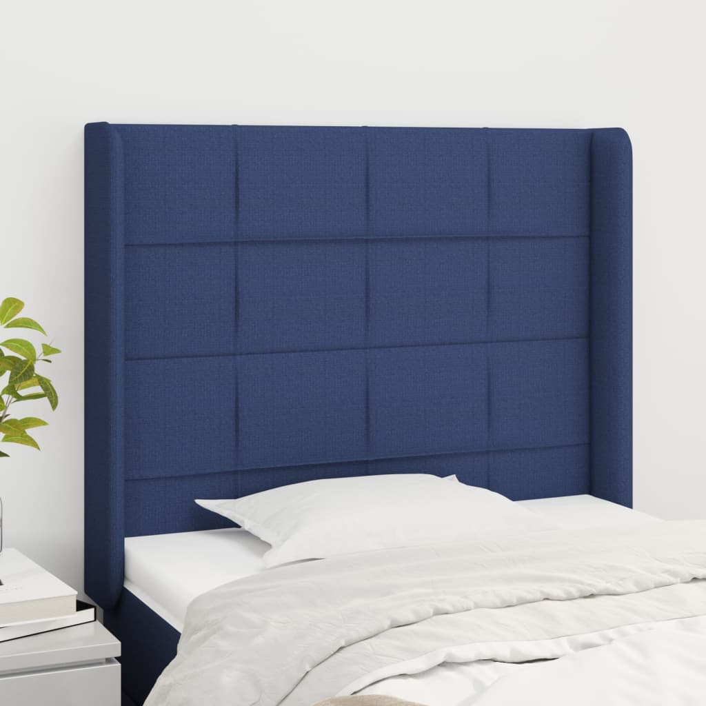 vidaXL Cabeceira de cama c/ abas tecido 93x16x118/128 cm azul