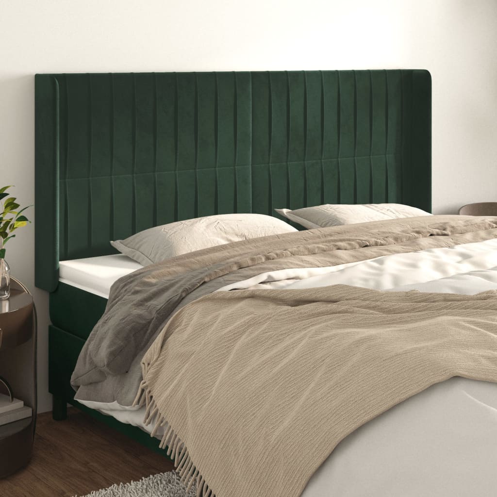 vidaXL Cabeceira cama c/ abas veludo 203x16x118/128 cm verde-escuro