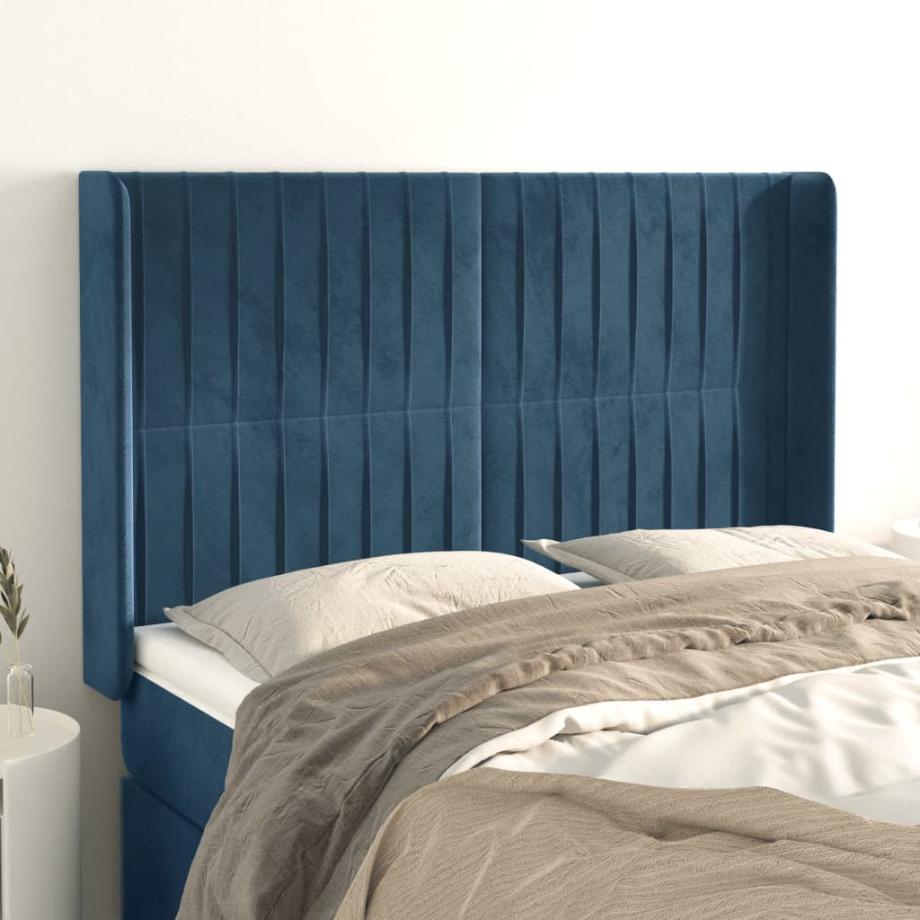 vidaXL Cabeceira cama c/ abas veludo 147x16x118/128 cm azul-escuro