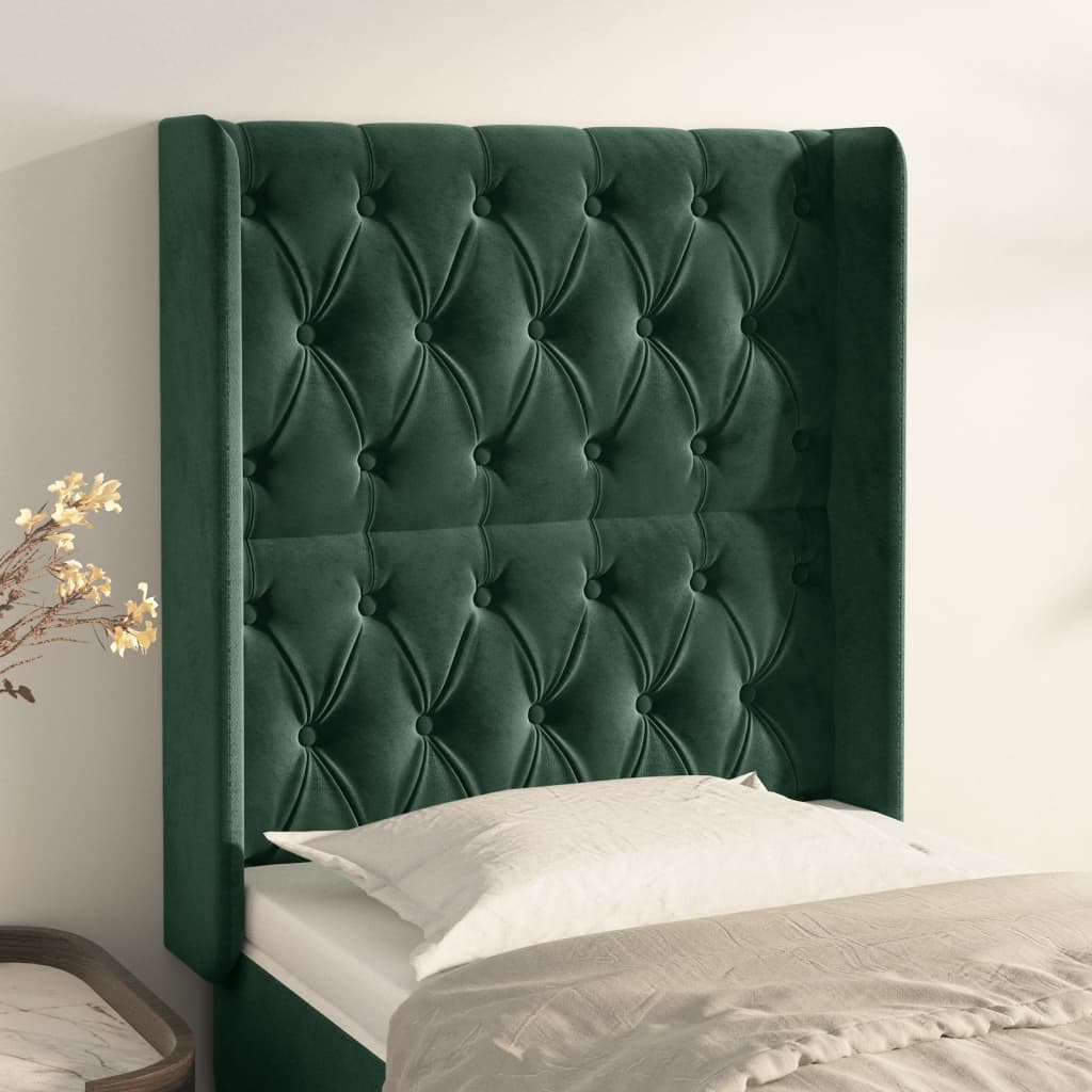 vidaXL Cabeceira cama c/ abas veludo 83x16x118/128 cm verde-escuro