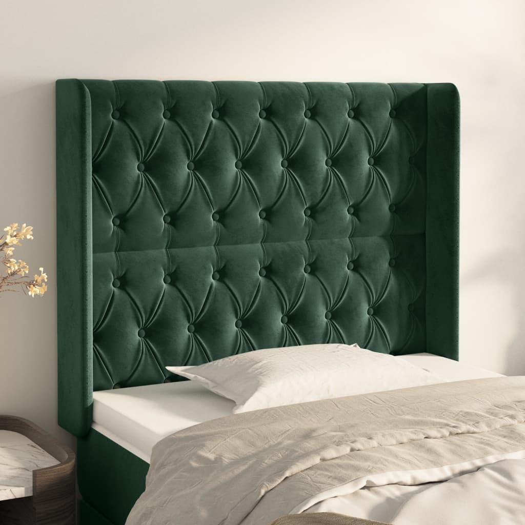 vidaXL Cabeceira cama c/ abas veludo 103x16x118/128 cm verde-escuro