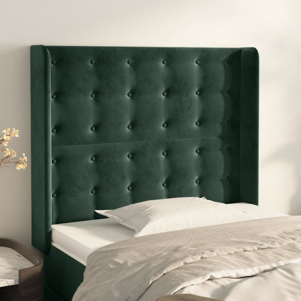 vidaXL Cabeceira cama c/ abas veludo 103x16x118/128 cm verde-escuro