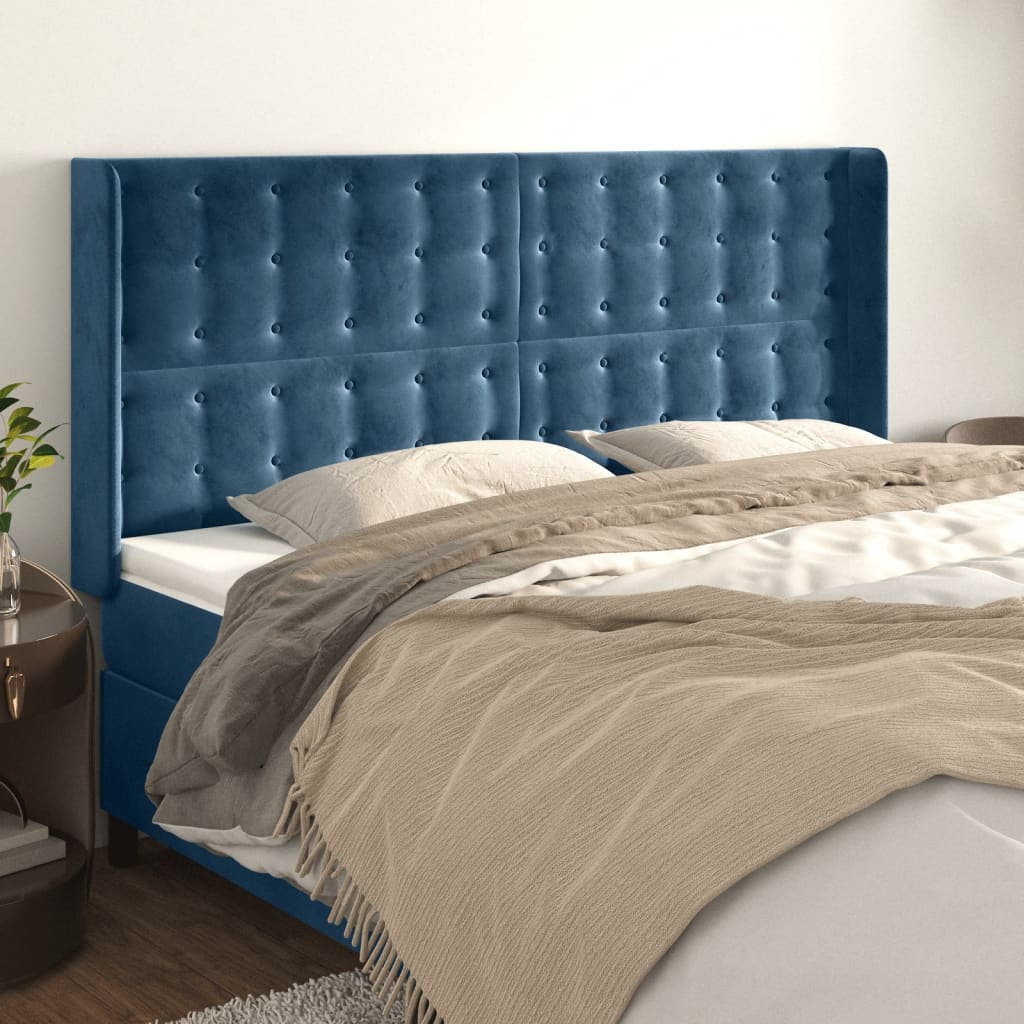 vidaXL Cabeceira cama c/ abas veludo 183x16x118/128 cm azul-escuro