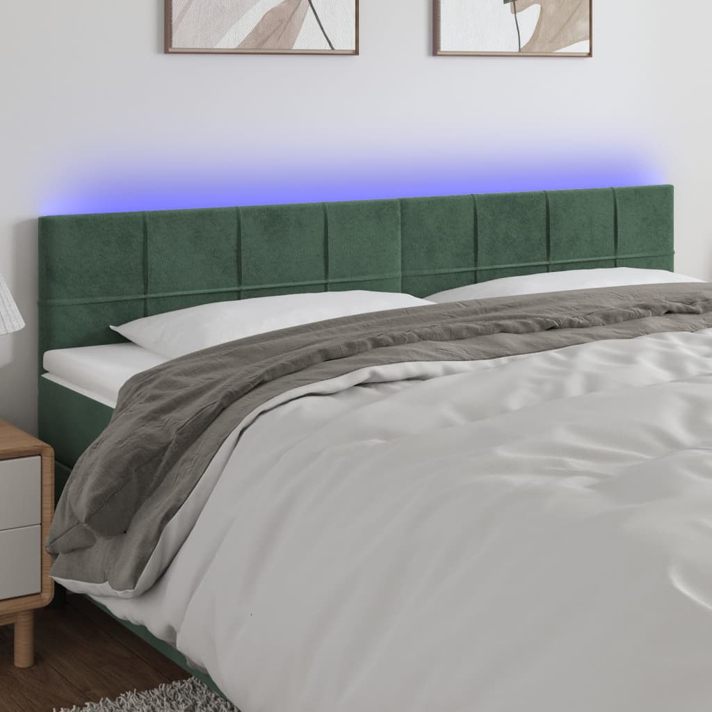 vidaXL Cabeceira de cama c/luzes LED veludo 200x5x78/88cm verde-escuro