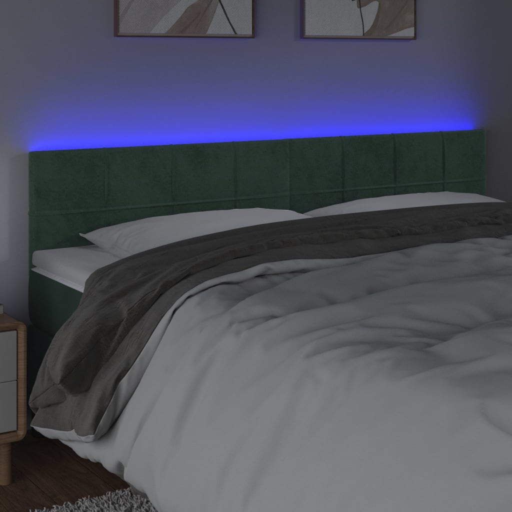 vidaXL Cabeceira de cama c/luzes LED veludo 200x5x78/88cm verde-escuro