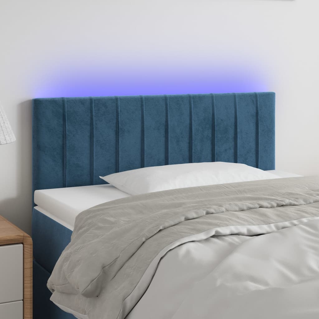 vidaXL Cabeceira de cama c/ luzes LED veludo 100x5x78/88cm azul-escuro