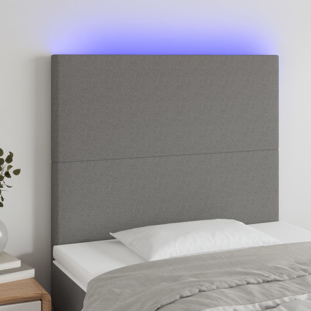 vidaXL Cabeceira de cama c/ LED tecido 80x5x118/128 cm cinza-escuro