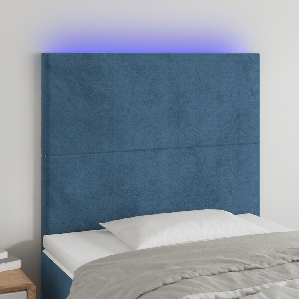 vidaXL Cabeceira cama c/ luzes LED veludo 80x5x118/128cm azul-escuro