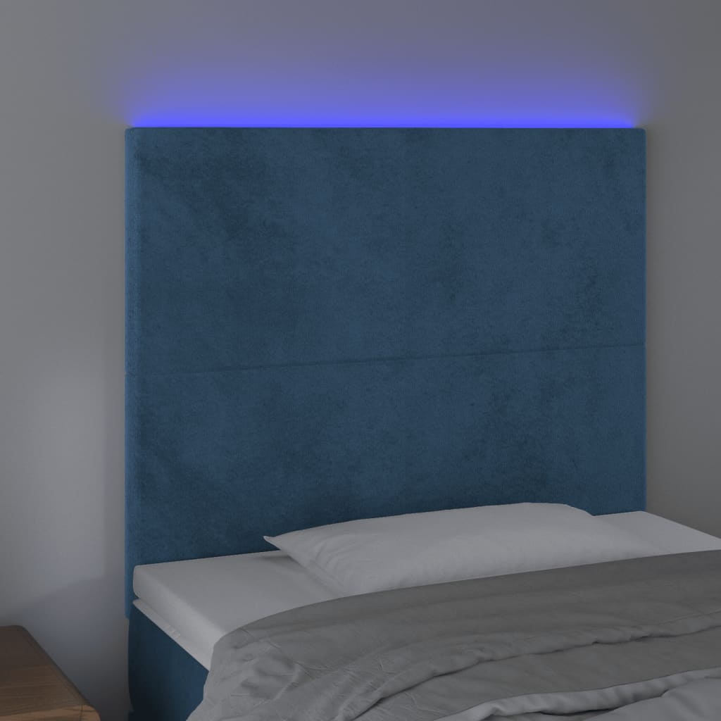 vidaXL Cabeceira cama c/ luzes LED veludo 80x5x118/128cm azul-escuro