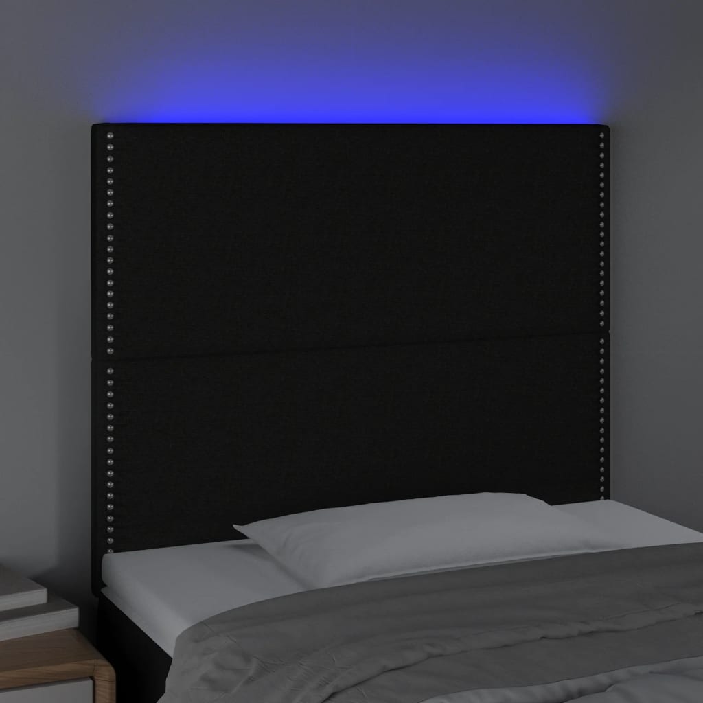 vidaXL Cabeceira de cama c/ LED tecido 90x5x118/128cm preto