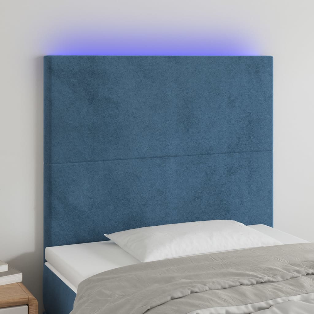 vidaXL Cabeceira cama c/ luzes LED veludo 90x5x118/128cm azul-escuro