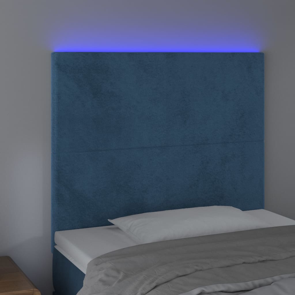 vidaXL Cabeceira cama c/ luzes LED veludo 90x5x118/128cm azul-escuro