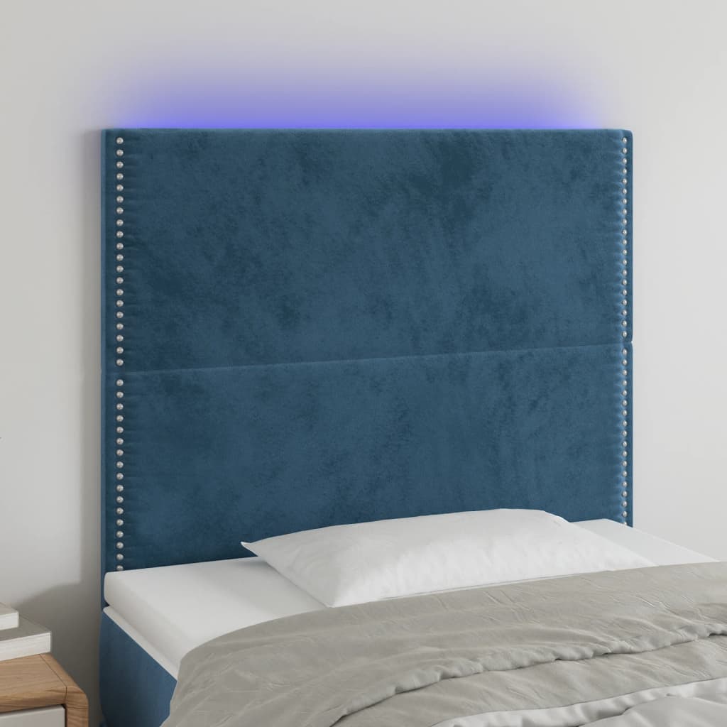 vidaXL Cabeceira cama c/ luzes LED veludo 80x5x118/128cm azul-escuro