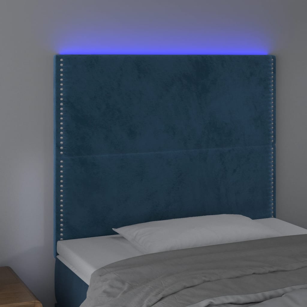 vidaXL Cabeceira cama c/ luzes LED veludo 80x5x118/128cm azul-escuro